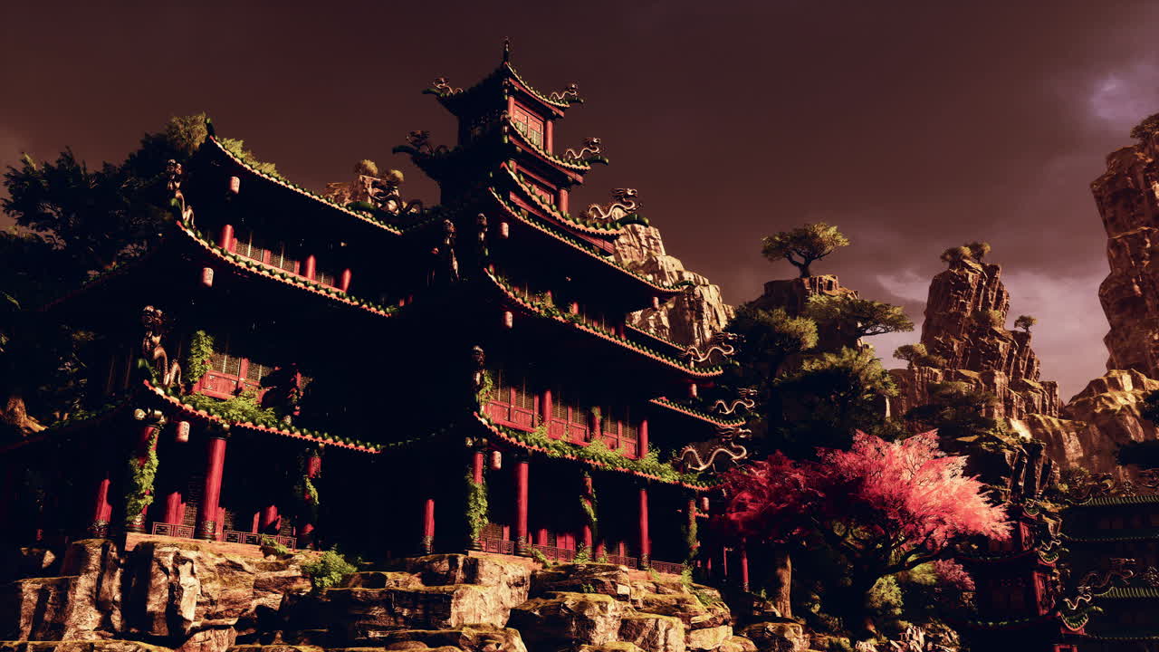 Ancient Chinese Pagoda nestled in a mystical mountain landscape