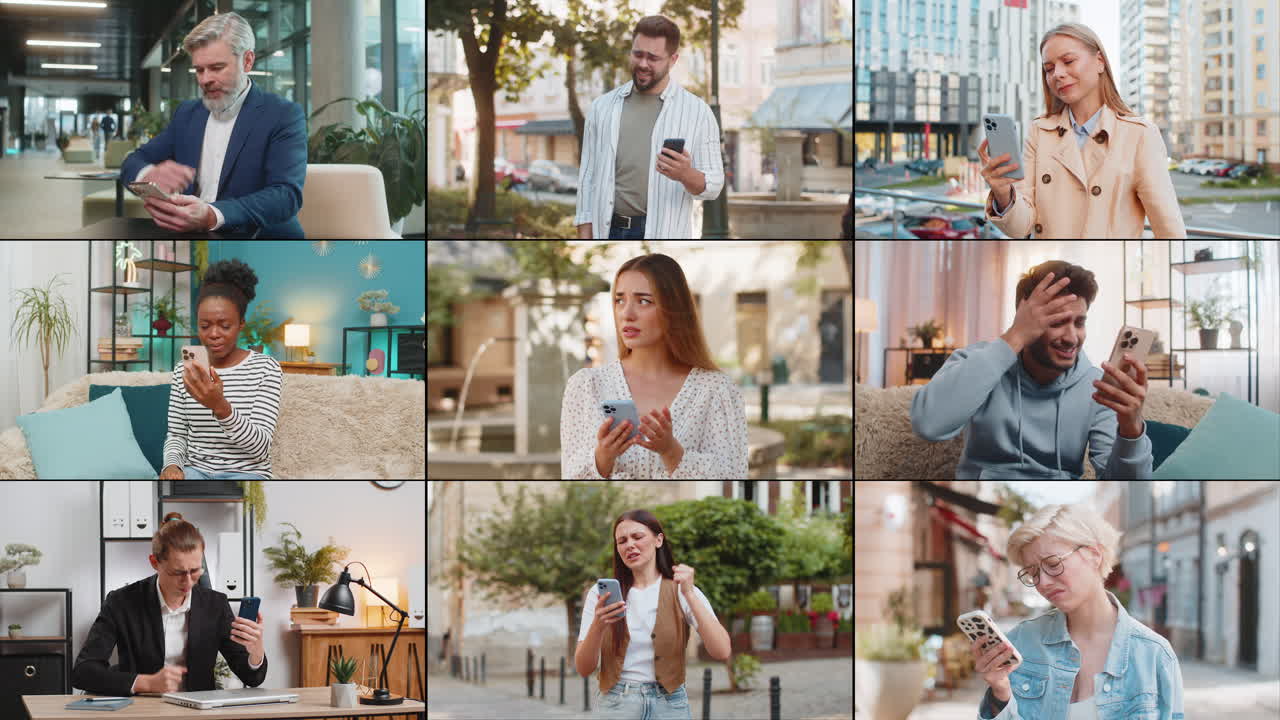 Collage of upset frustrated people men women using smartphone receive bad news loss game fail
