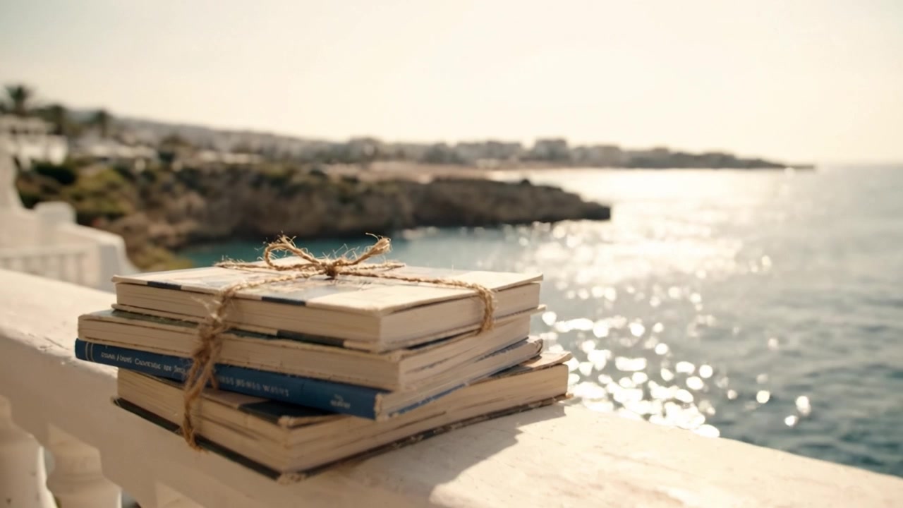 Una pila di libri vintage legati con spago su un balcone soleggiato sul mare, con vista su acque scintillanti, perfetto per una lettura rilassante in riva all'oceano.