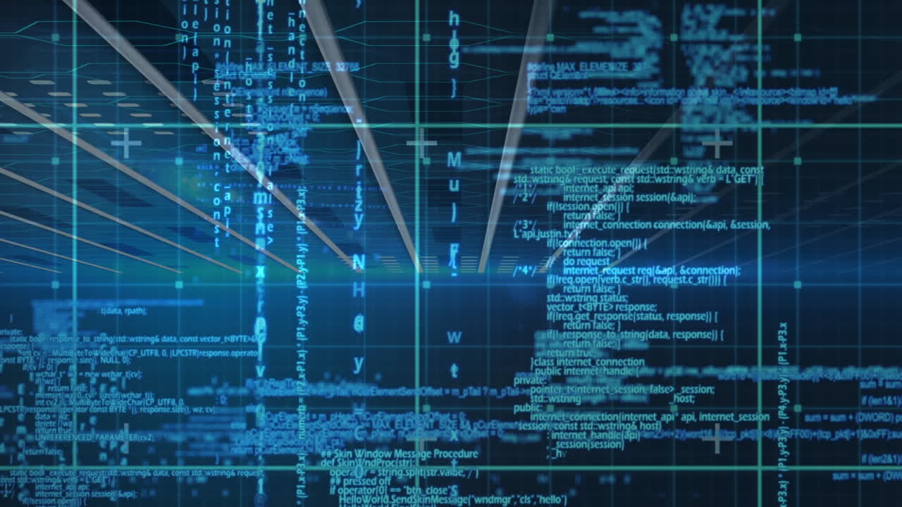 Animation of data processing on grid over blue background