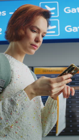 woman checking flight details at airport