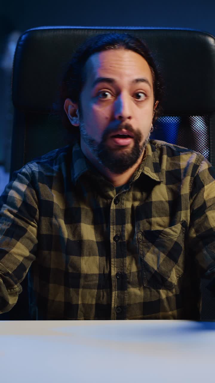 Vertical video Worried person speaking with upset mate in online video call at home