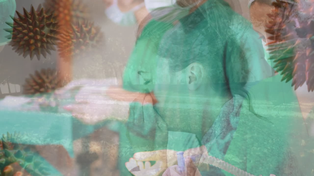 анимация клеток covid-19 над различными хирургами, носящими маски в операционной.