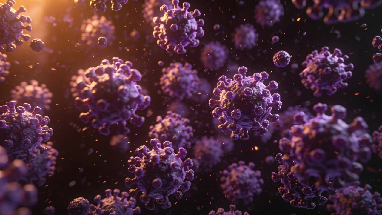 La cámara se aleja, revelando un cúmulo de virus morado con púas flotando en un vacío iluminado cálidamente, mostrando profundidad