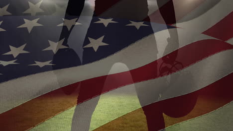 waving american flag against male rugby player holding ball and helmet against sports stadium