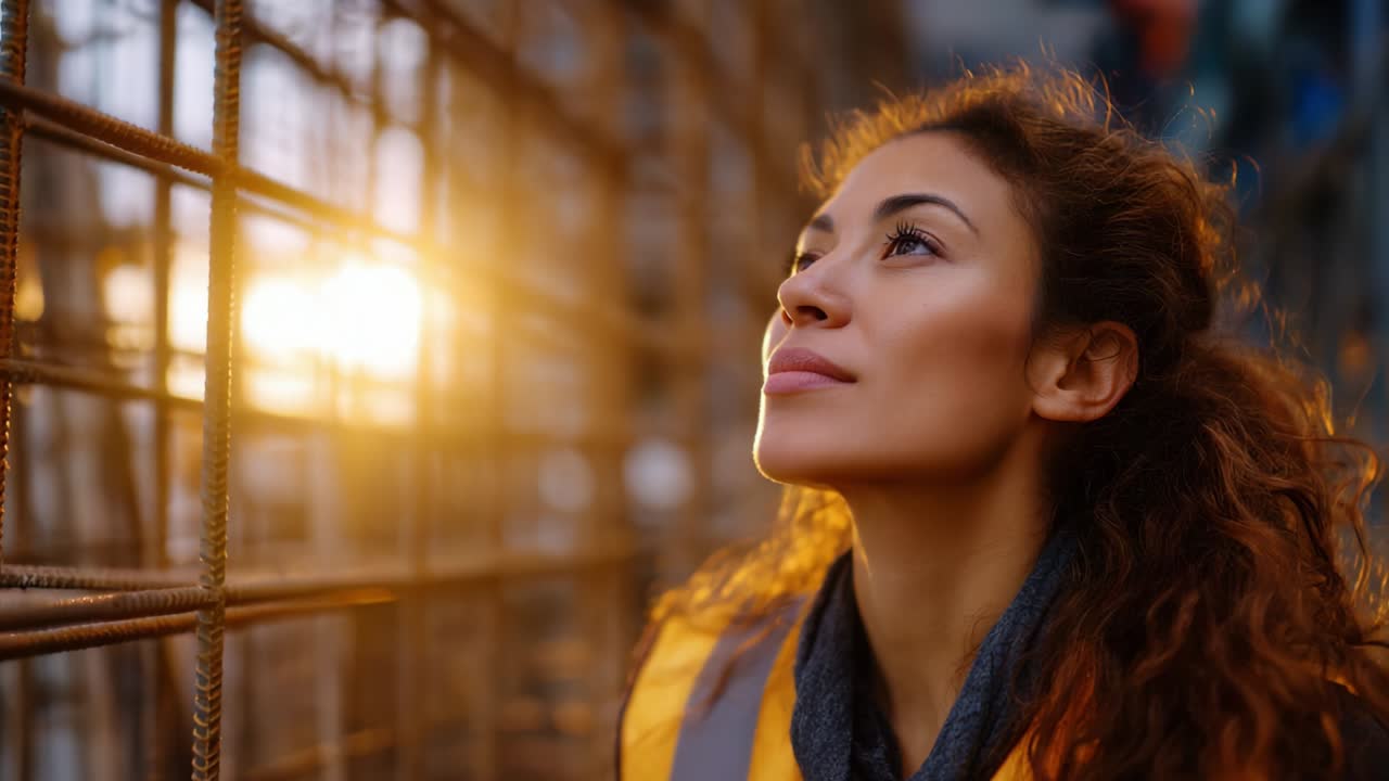 A contemplative construction worker gazing at the sunrise through steel reinforcements, embodying hope and determination as she embraces the beginning of a new day on the job site