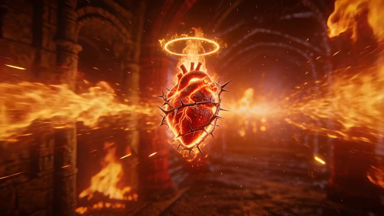 Cuore pulsante con corona di spine che reagisce alla formazione di un'aureola, emettendo nastri di fuoco e braci in una cripta.