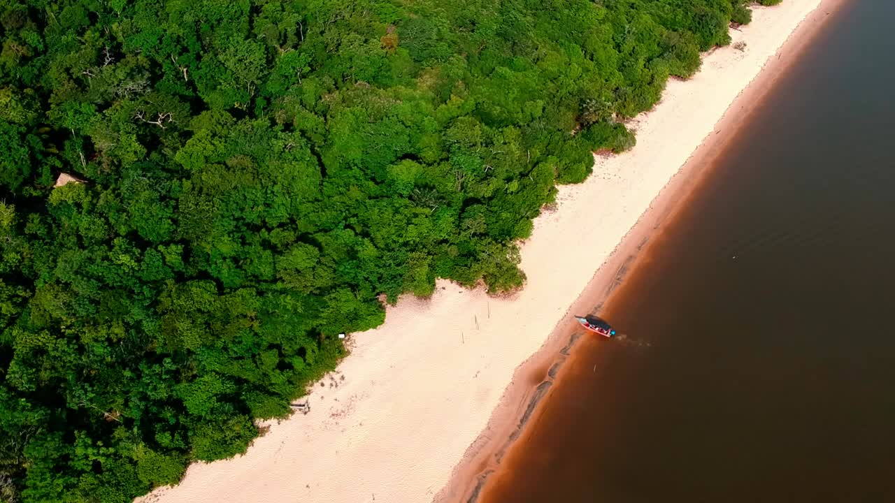 Drone footage of a green forest near a white sandy beach on the Tapajos River near the Amazon River in Alter do Chao, Para.