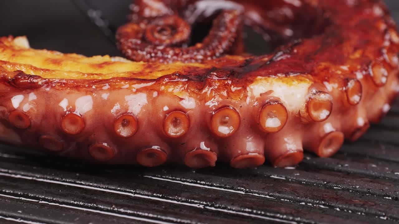Octopus cooking, chef grill fresh octopus galician style on restaurant kitchen, healthy food, seafood cafe in spain, traditional asian japanese spanish and mediterranean dish.