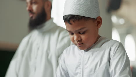 child, islamic and man in a mosque for praying