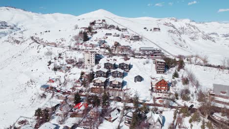 cabins over mountain village of farellones ski resort during winter near santiago, chile