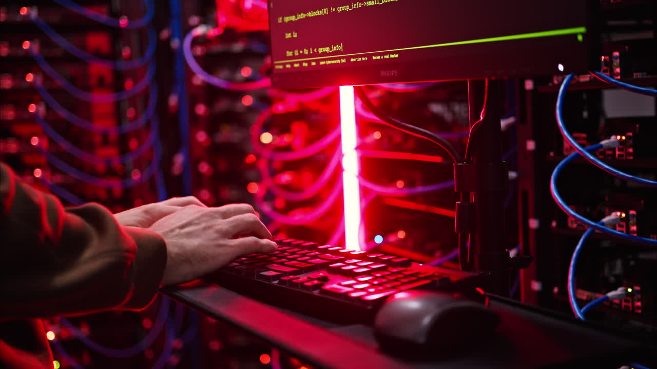 Close up of a man trying to fix an error on a computer in a server room
