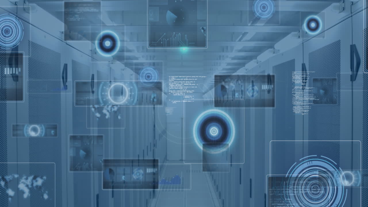 Animation of neon round scanner and data processing against computer server room