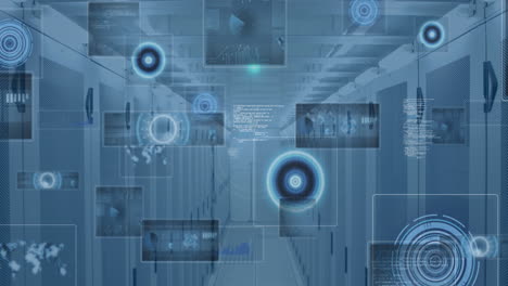 animación del escáner redondo de neón y procesamiento de datos contra la sala de servidores de computadoras.