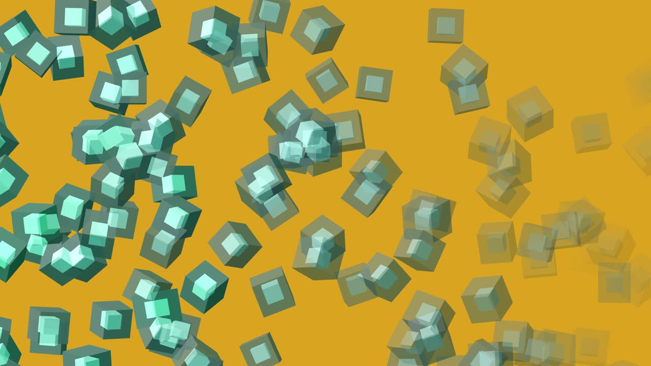 추상적인 이중 큐브 조류 녹색은 오른쪽에서 왼쪽으로 빠르게 움직이고 포르투나 금색 배경에 떠 있습니다.