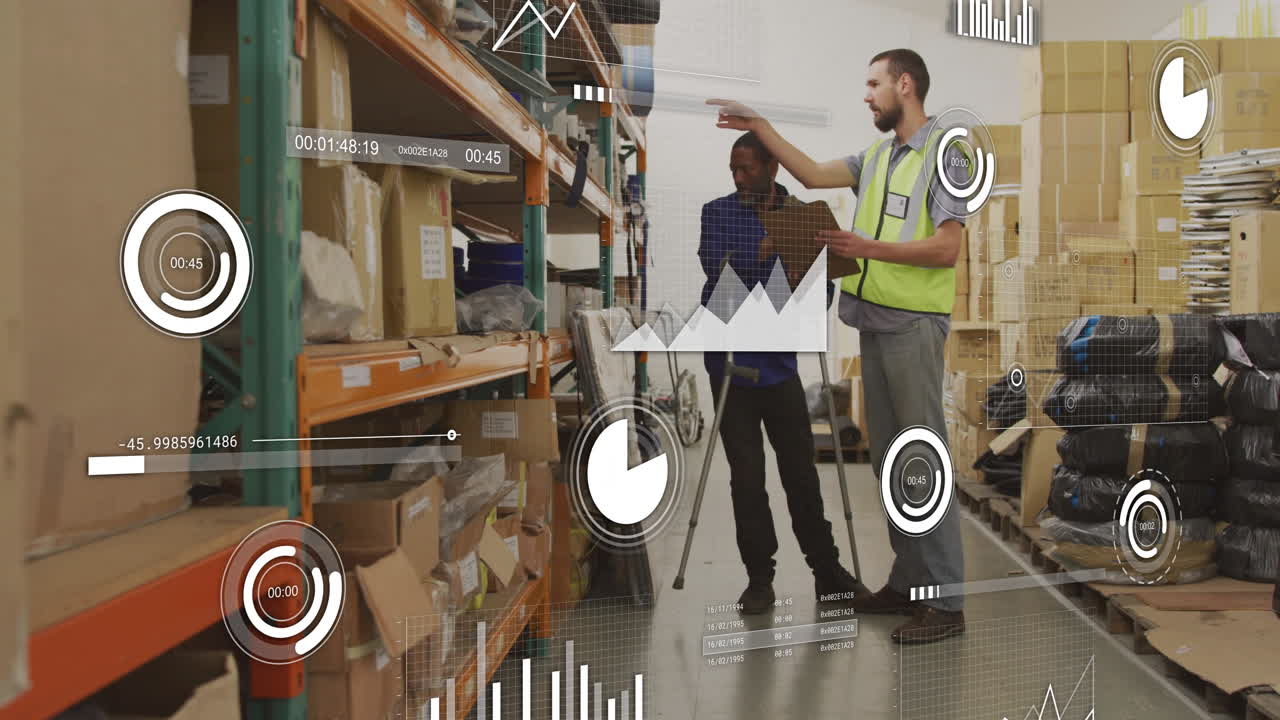 Discussing inventory, warehouse workers using data analytics overlay for management