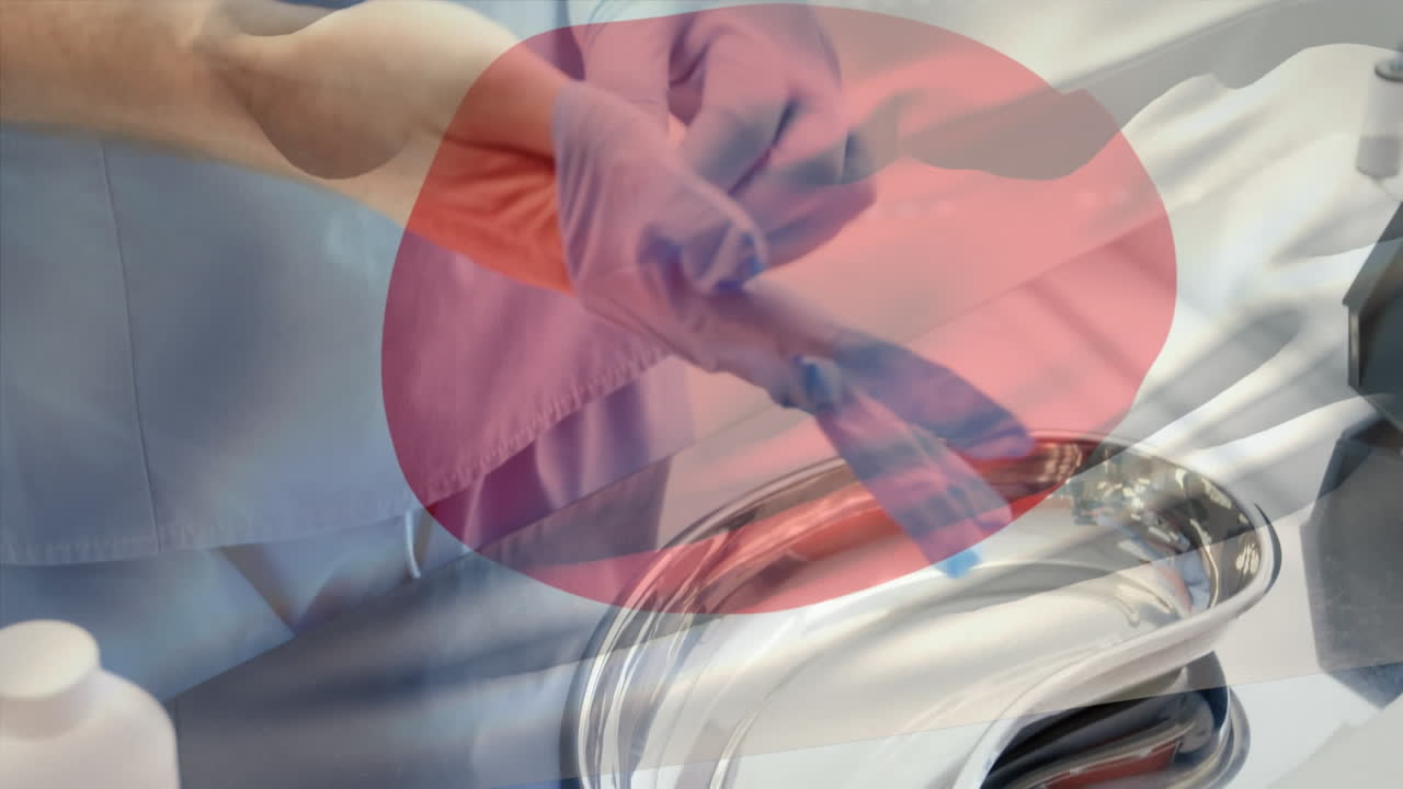 수술실 에서 외과 의사 들 위 에 흔들리는 일본 국기 의 애니메이션