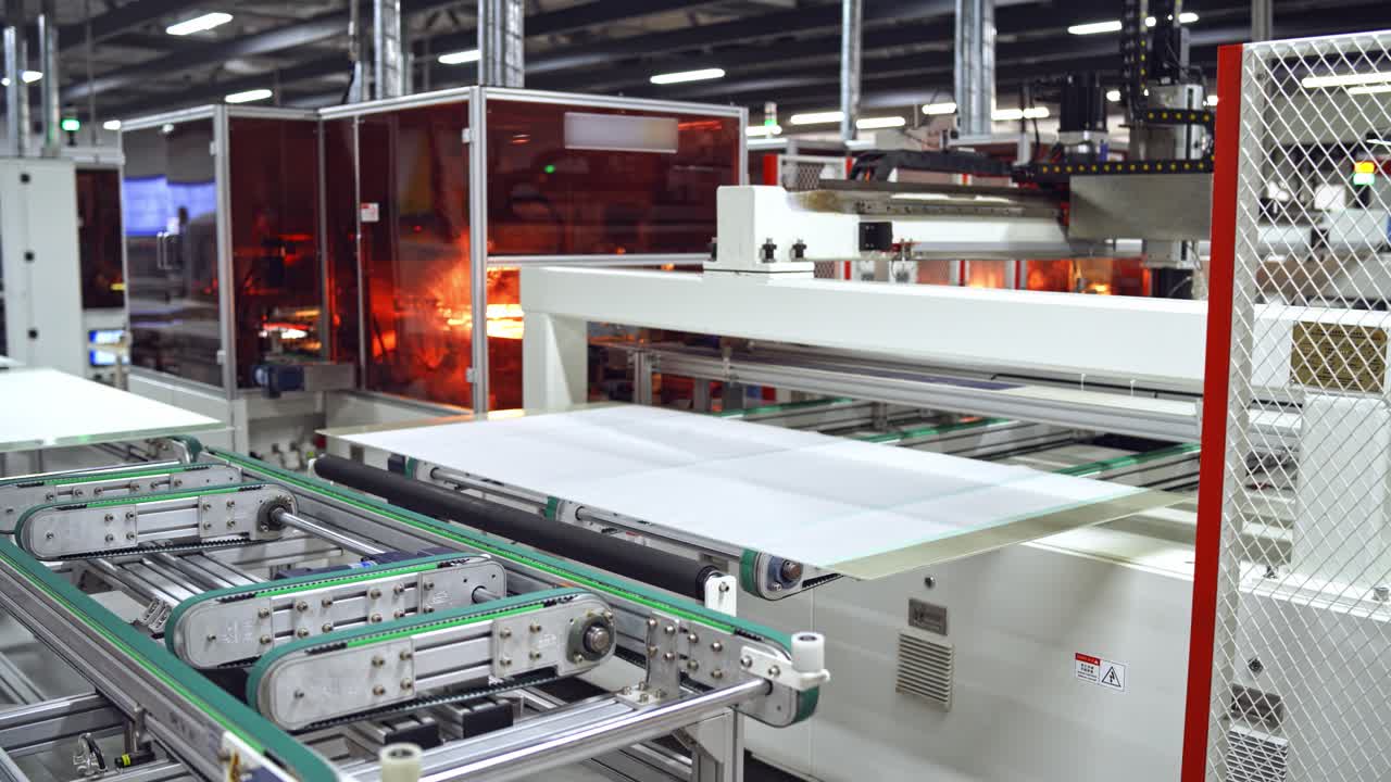 Solar energy panels production. Industrial robot working in solar panel factory