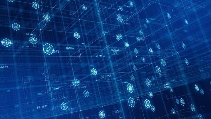 Motion graphic of Blue technology icon with hexagon shape levitation on digital grid abstract background concept