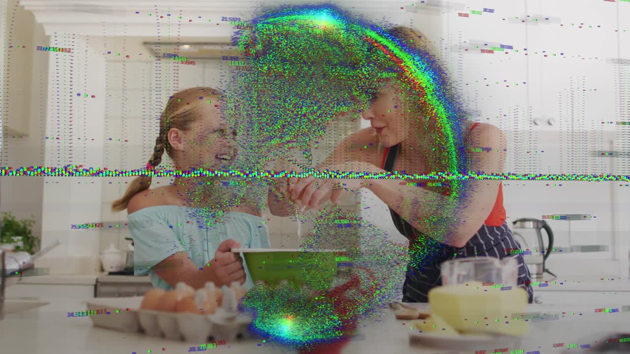 Woman cracking egg, teaching child baking while preparing batter in green bowl, glitch obscures arm