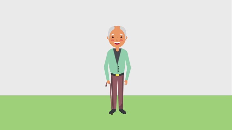 älterer, kahlköpfiger mann mit einem gehstock