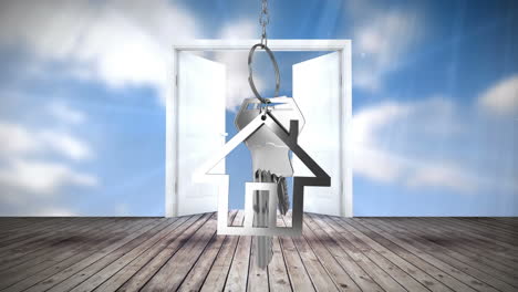 llaves de la casa y llaves colgando sobre la apertura de la puerta en el fondo