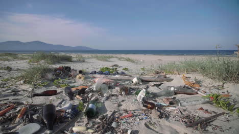 A reveal shot of a very polluted white sand beach