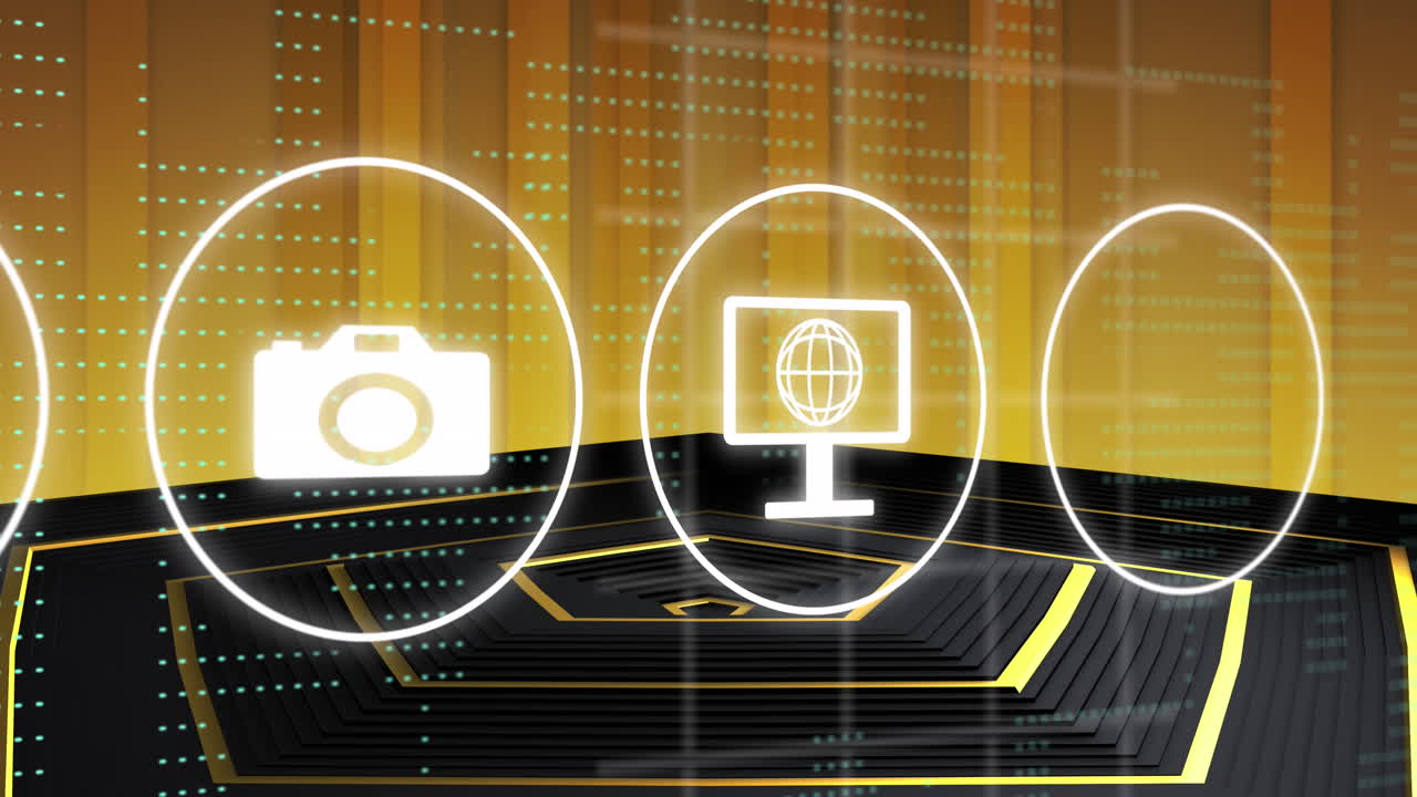 움직이는 육각형 검은 포디움과 금색 벽 위에 색 디지털 미디어 및 데이터 아이콘