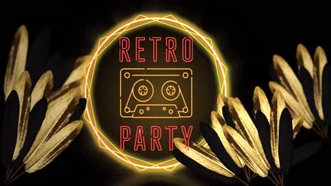 animación de texto de fiesta retro y icono de radio sobre hojas y círculos de neón sobre fondo negro