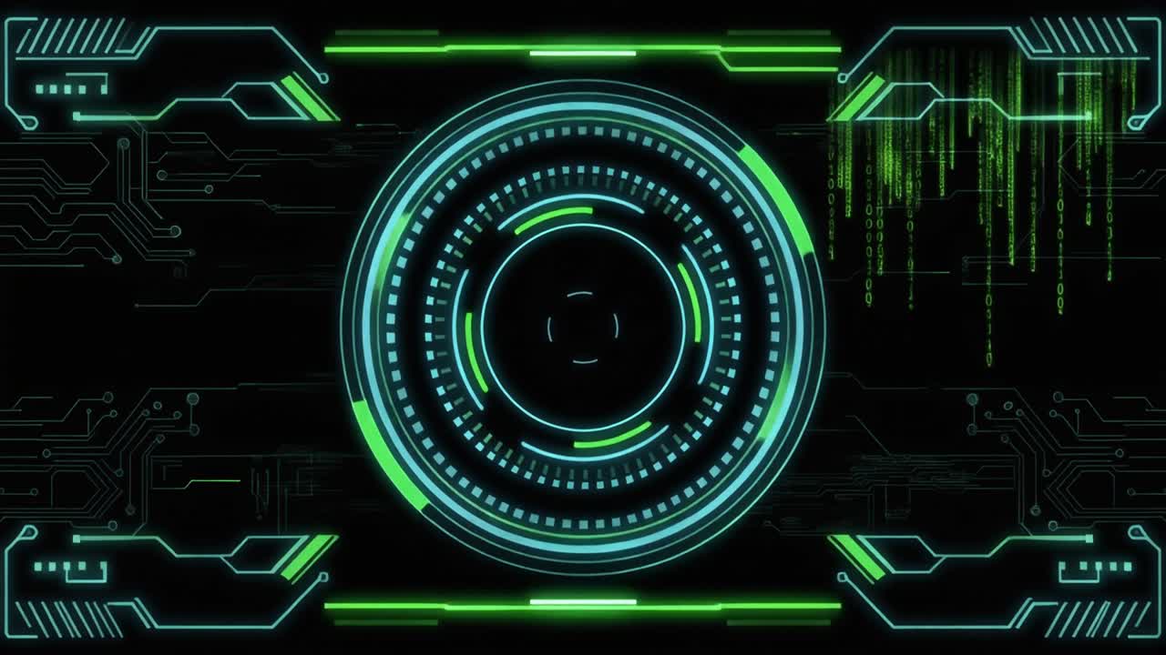 Animated Futuristic Digital HUD Interface with Binary Code