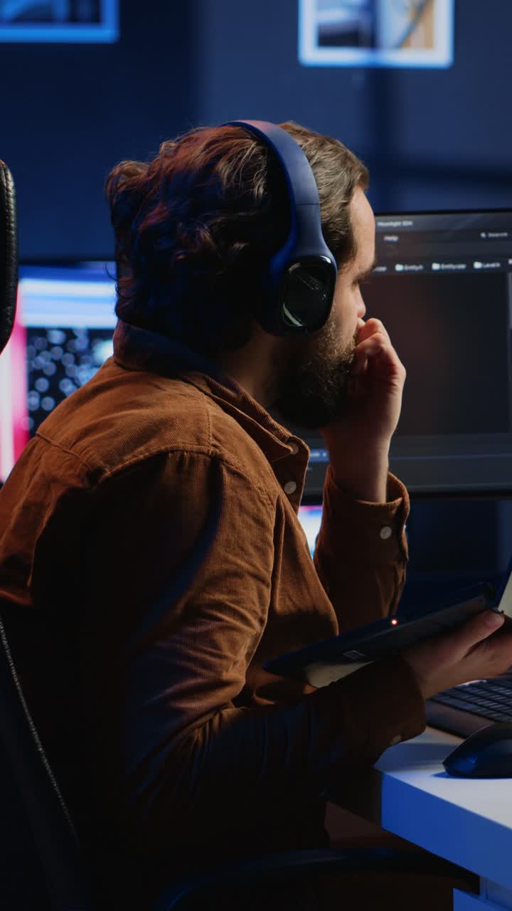Uomo concentrato che lavora al computer con le cuffie di notte