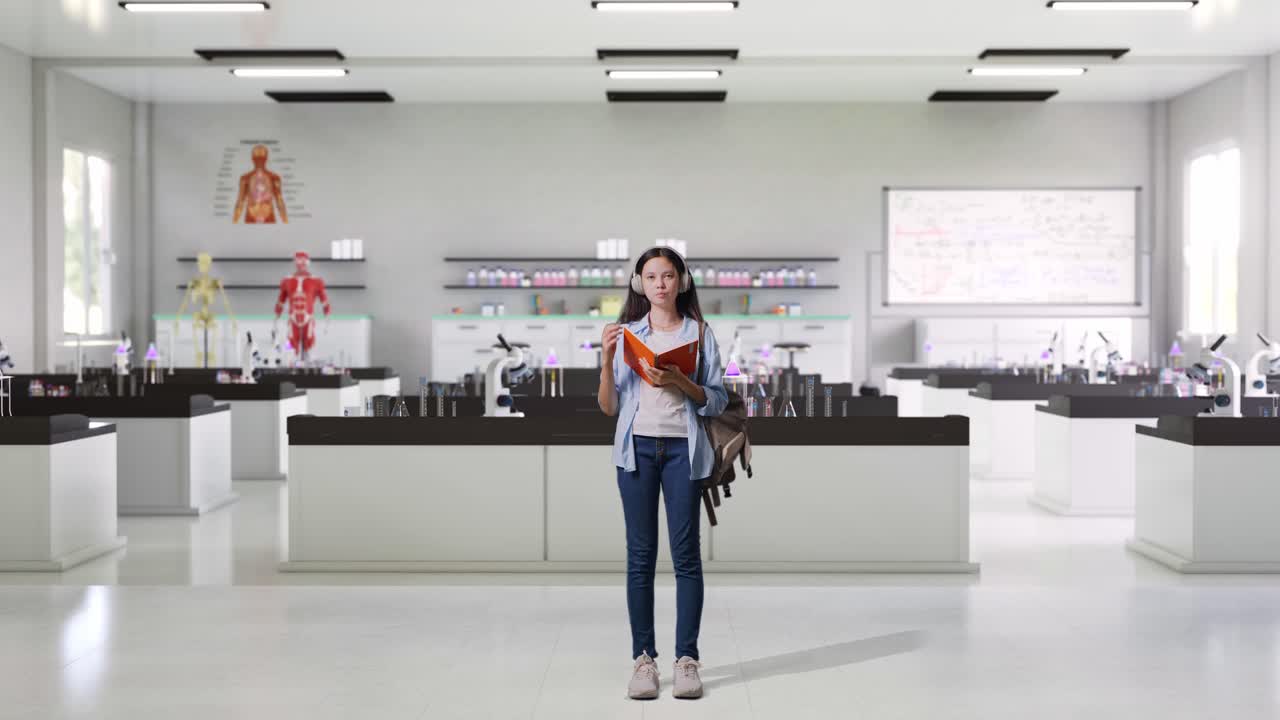 배을 들고 책 읽고, 생각하고, 주위를 둘러보며, 과학 실험실에 서 있는 동안 지표손가락을 올리는 아시아 십대 여자 학생의 몸이 가득 차 있습니다.