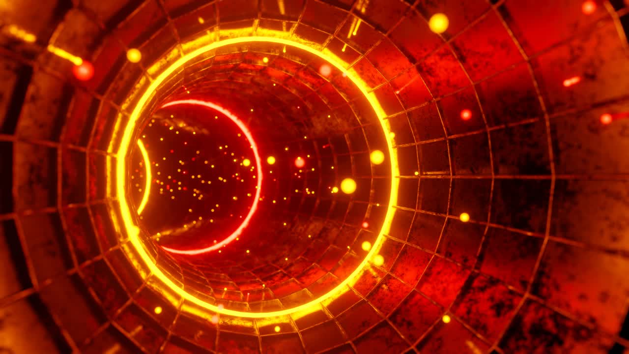4K seamless loop motion graphics of flying into swirl circle red digital tunnel with moving particles. 3D render animation. Sci-fi, VFX, Hadron Collider motion background