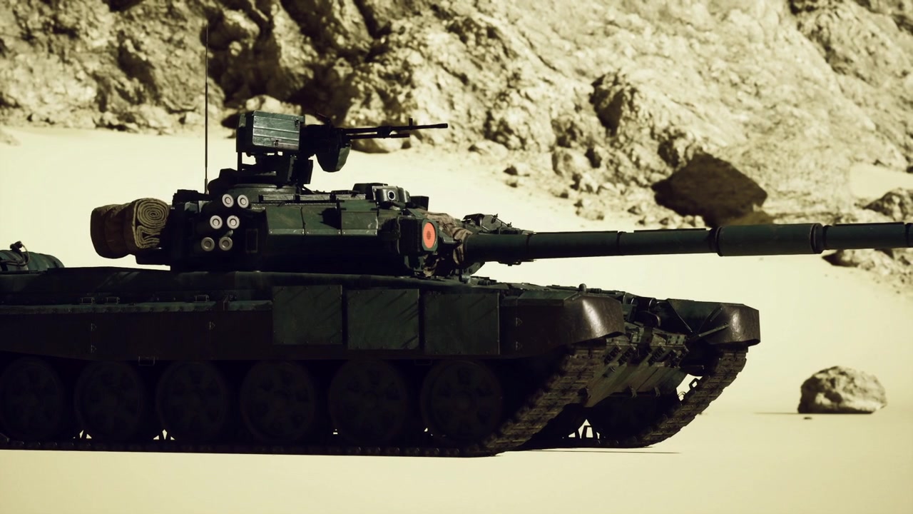 Scena cruda di paesaggio desertico con veicolo militare fermo