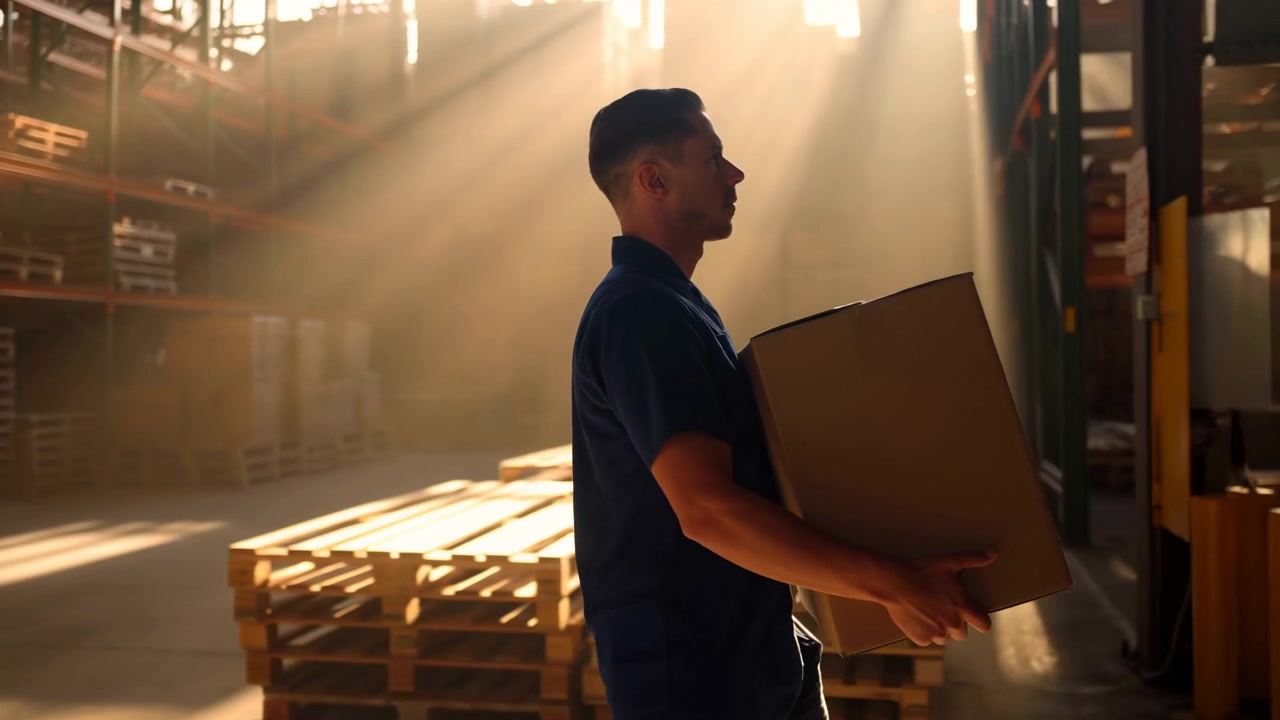 Side view follows worker moving steadily to the right with box held against torso as golden light streams through warehouse, highlighting pallets, shelving, haze, and deep interior perspective.