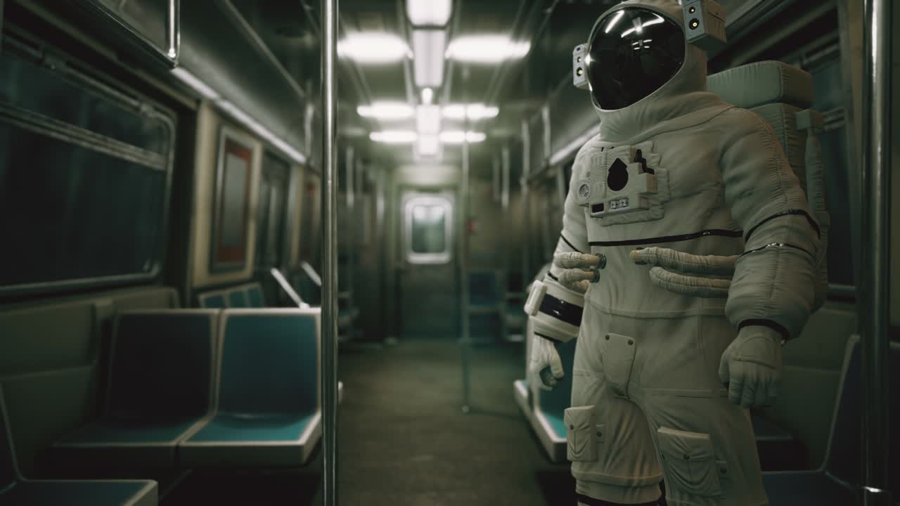 Astronaut Inside of the old non-modernized subway car in USA