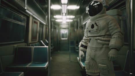 astronauta dentro del viejo vagón de metro no modernizado en ee.uu.
