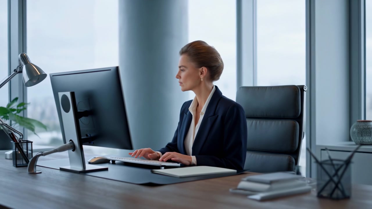 A câmera amplia gradualmente enquanto a mulher sentada continua digitando e olhando para o monitor, revelando uma mesa de escritório espaçosa com luminária, planta, cadernos, organizadores e luz natural através de janelas altas