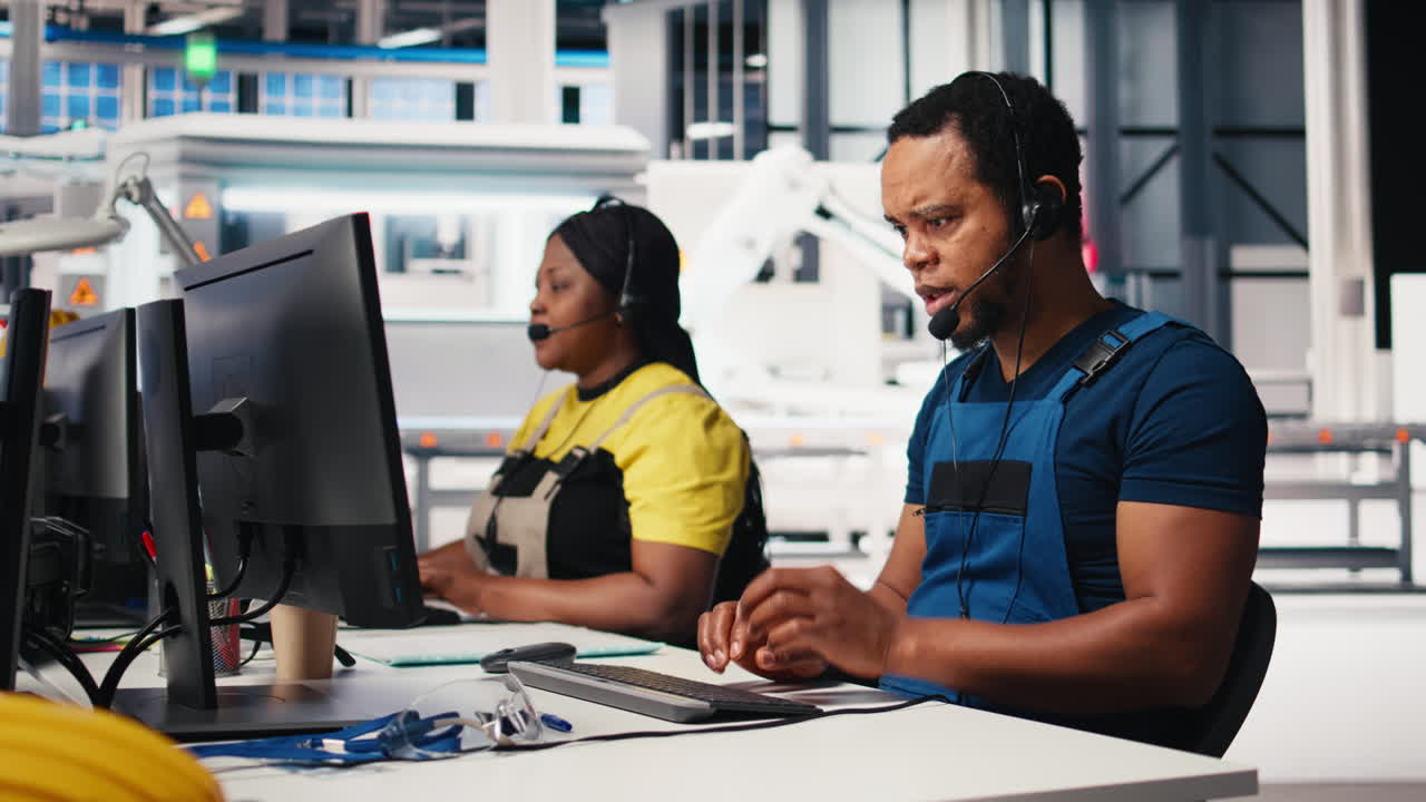 Vertical Video Engineer provides technical support via headset in solar panel factory