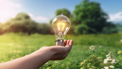 hand holding a glowing light bulb in a green field
