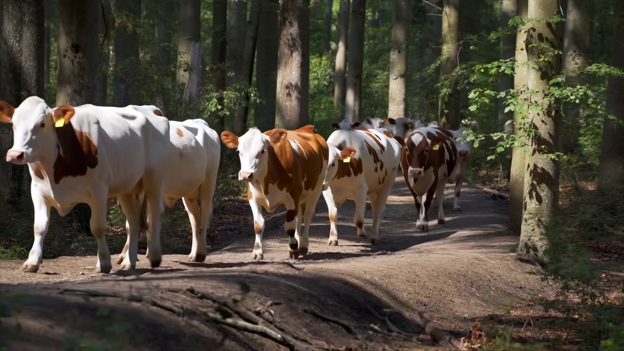 Mucche da latte bianche e marroni che camminano lungo un sentiero di terra battuta attraverso una fitta foresta decidua, con targhette auricolari gialle visibili su diversi animali, luce solare a chiazze che filtra attraverso la chioma, in un ambiente rurale e calmo.