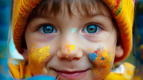 a young child with blue and yellow paint on their face and hands is smiling. the child is wearing a yellow jacket and a blue hat