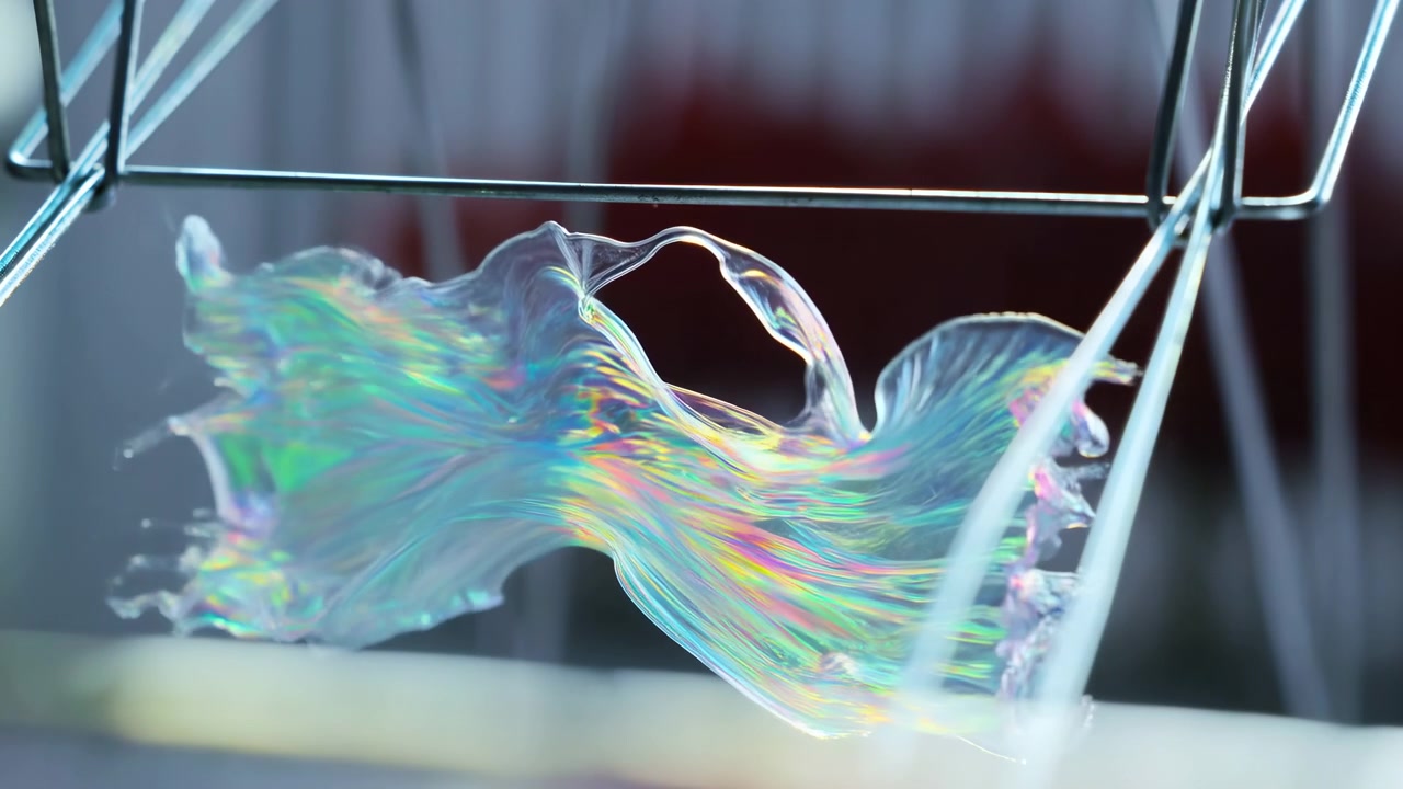 Thin rectangular metal plate suspended by parallel wire hooks undergoes visible surface transformation as iridescent interference colors shift into flowing translucent ribbons and stretched