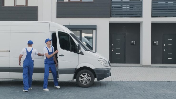 Two young workers of removal company unload boxes and furniture from minibus into customer's home