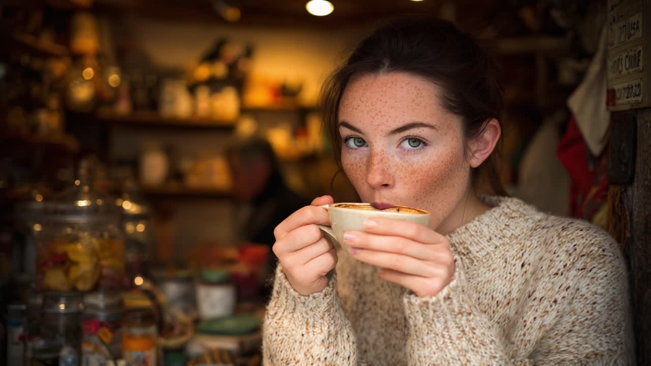 A young woman with freckles savoring a warm beverage in a cozy, rustic café setting, her focus reflecting a moment of tranquility amid a charming background