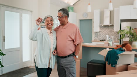 Portrait-of-old-couple-in-living-room-with-keys-to