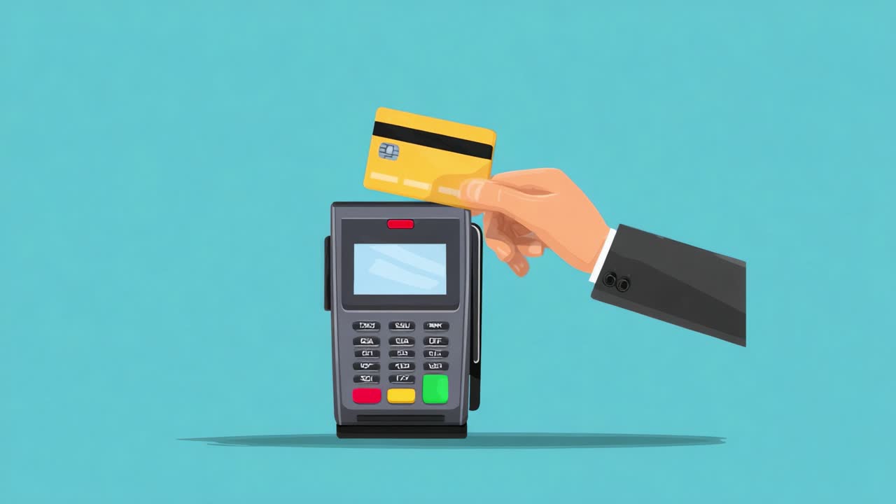 A modern hand using a credit card at a payment terminal, showcasing the convenience of digital transactions in a simple and efficient manner, highlighting technology's role in daily finance operations