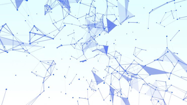 Animaatio sinisistä geometrisista muodoista ja yhteyksistä, jotka liikkuvat vaaleansinisellä taustalla.