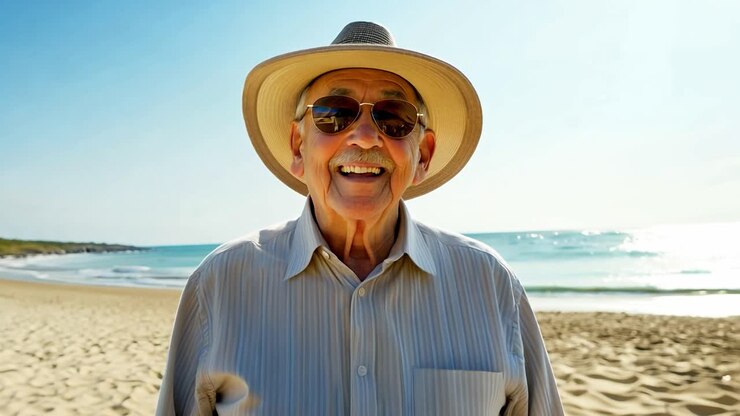 ein lächelnder älterer mann, der einen strandurlaub genießt