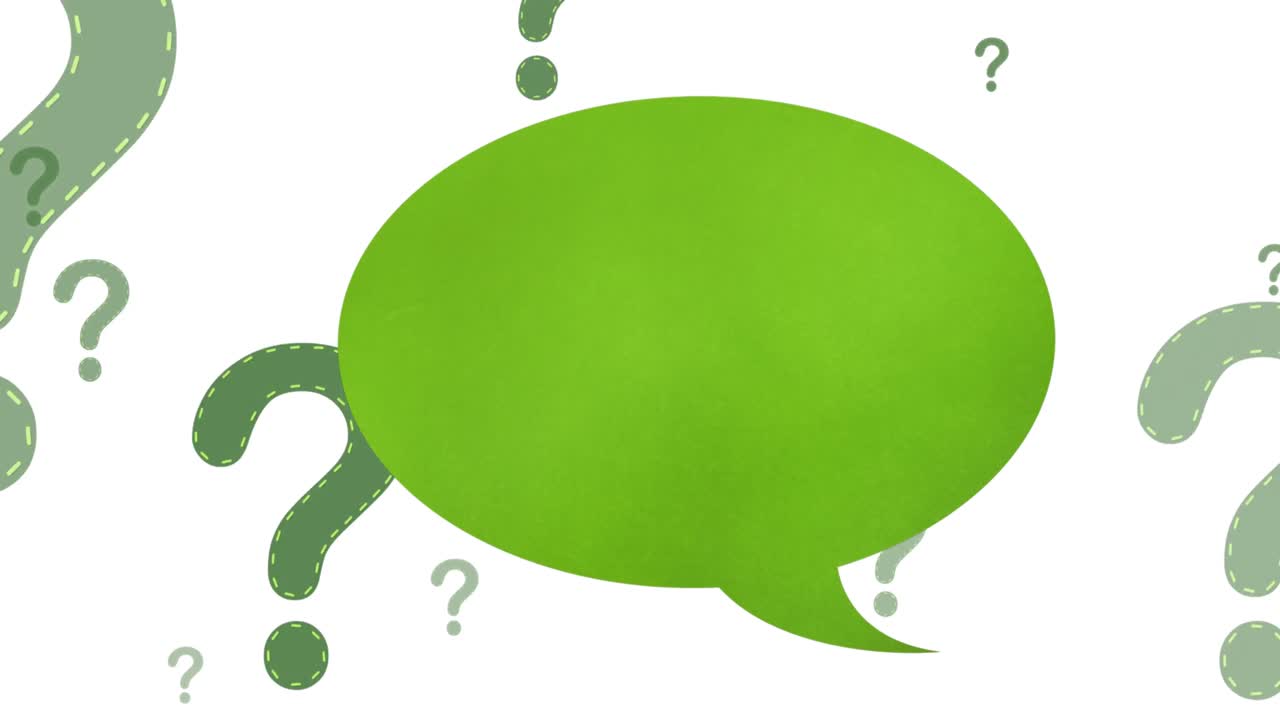 animación de burbuja de habla sobre signos de interrogación en fondo blanco
